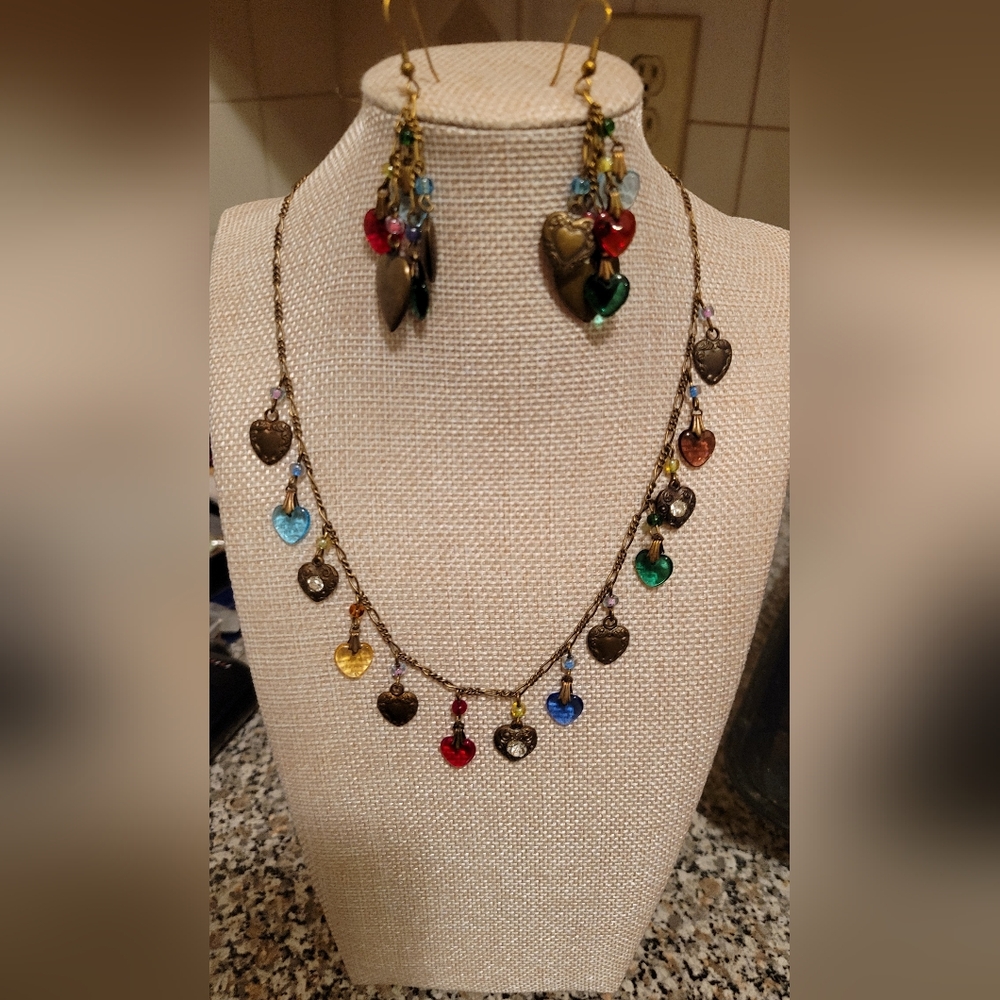 Vintage Glassworks Studio Multicolor Heart Necklace and Earring Set